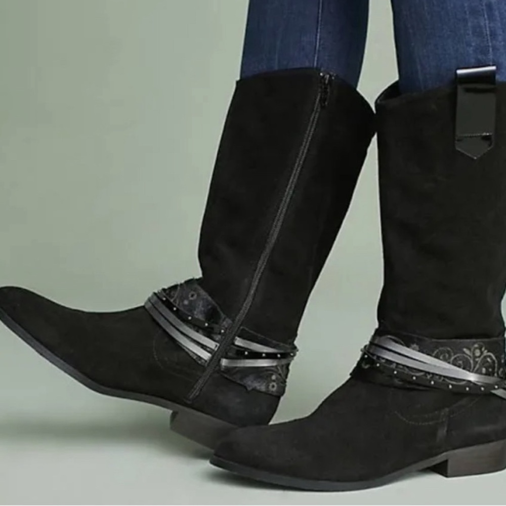Anthropologie Elysess Western Boots Black Suede Leather, detailed trim, Size 37